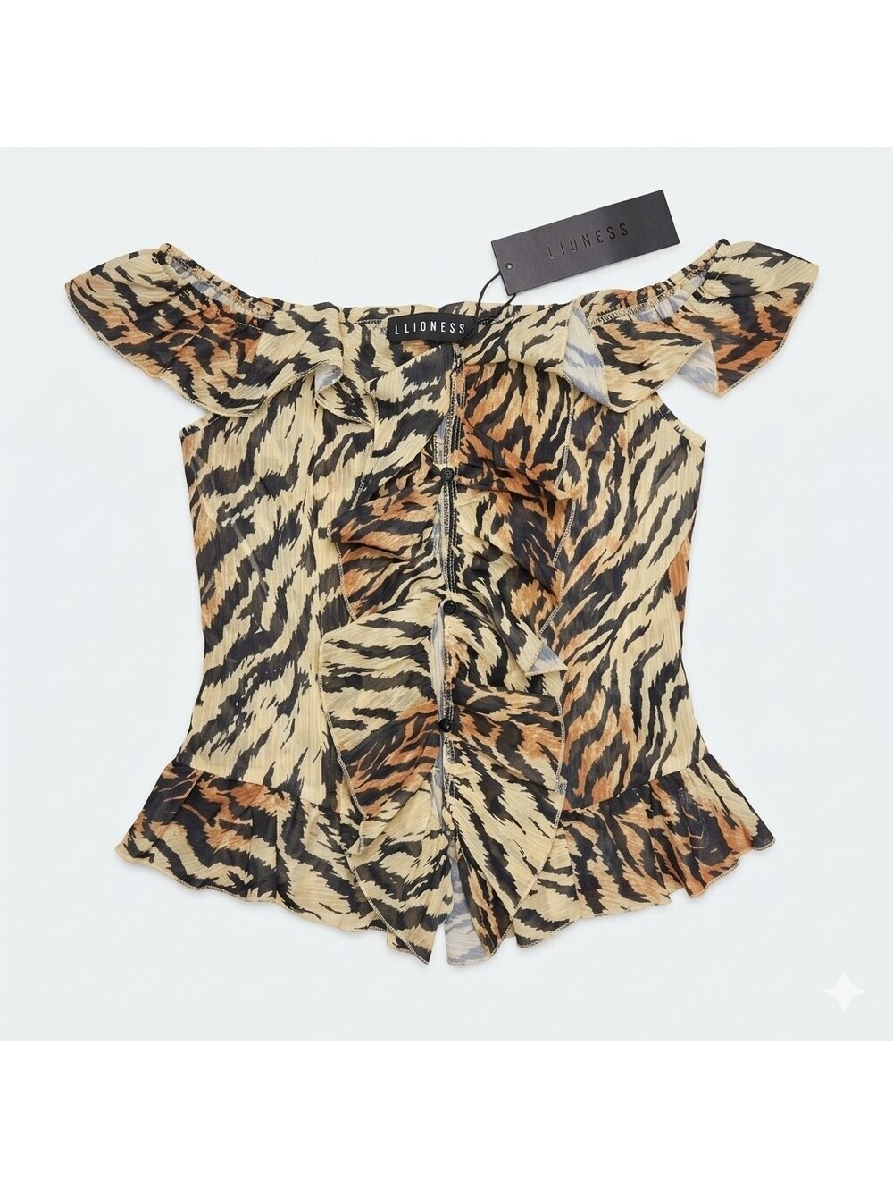 NWT Lioness Timeless Ruffle Top Tiger Animal Print Chiffon S